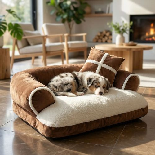 Un Berger Australien dort confortablement sur un canapé pour chien moelleux couleur marron, posé dans un salon lumineux design.