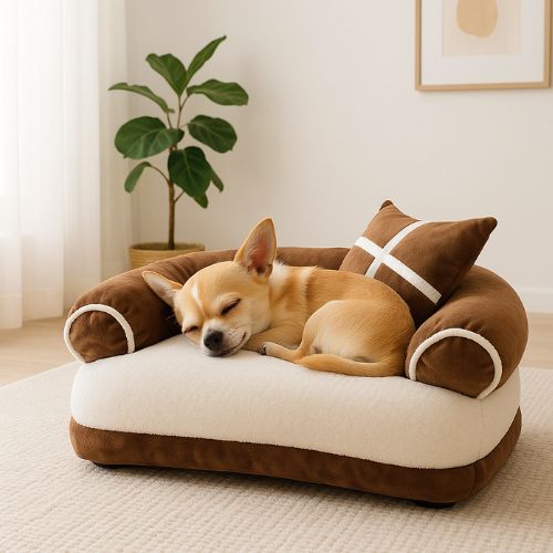Un Chihuahua dort confortablement sur un canapé pour chien moelleux couleur marron, posé d'un salon lumineux avec une plante dans le coin.