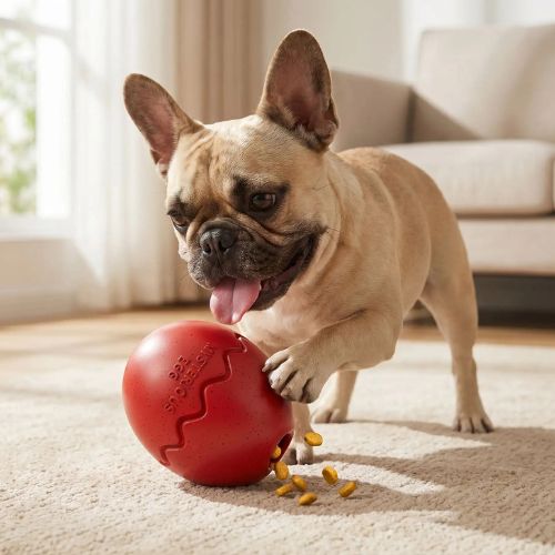 Jouet chien distributeur de friandises rouge pour stimulation mentale, anti ennui et ralentissement de la prise alimentaire.