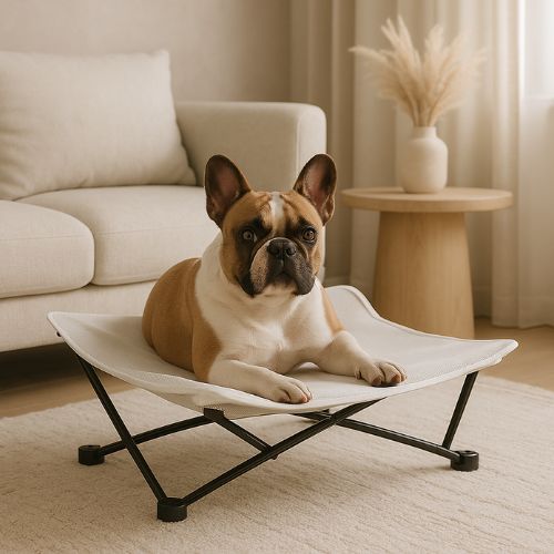 Un bouledogue français allongé confortablement sur un lit de camp pour chien pliable couleur blanc dans une piÚce chaleureuse.