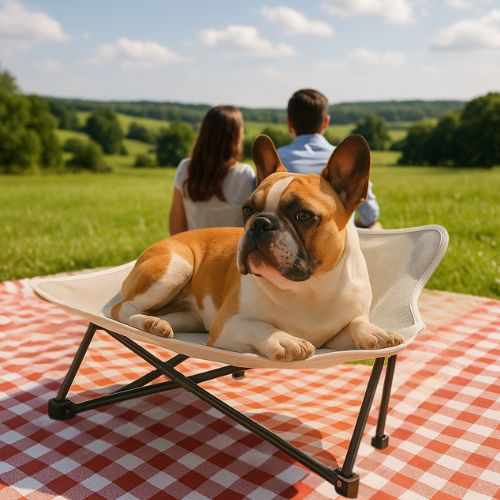 Un bouledogue français installé confortablement sur un lit de camp pour chien léger résistant couleur blanc à l'extérieur.