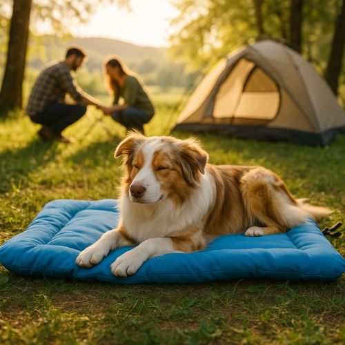 Chien allongĂ© sur un lit de camping pour chien bleu rĂ©sistant Ă lâhumiditĂ©