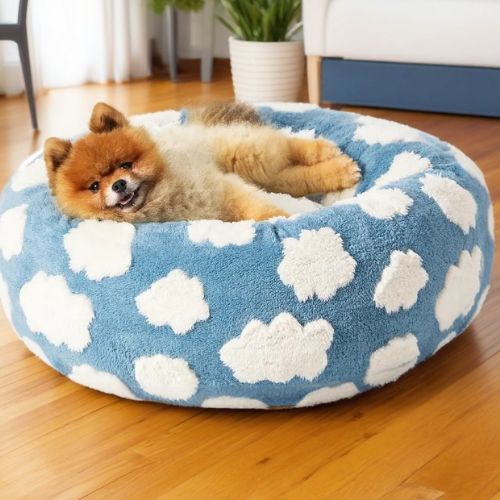 Chien détendu dans un panier chien anti-stress à rebords sécurisants, design mignon et toucher ultra-doux pour un sommeil réparateur.