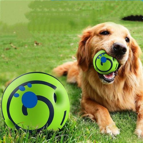 Chien heureux jouant dans l’herbe avec une balle pour chien verte interactive et sonore.