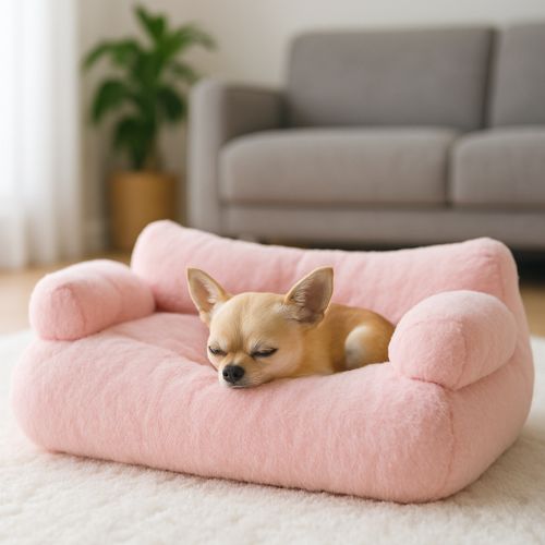 Un chihuahua allongé paisiblement sur un canape pour chien rose doux et moelleux qui posé dans une pièce chaleureuse