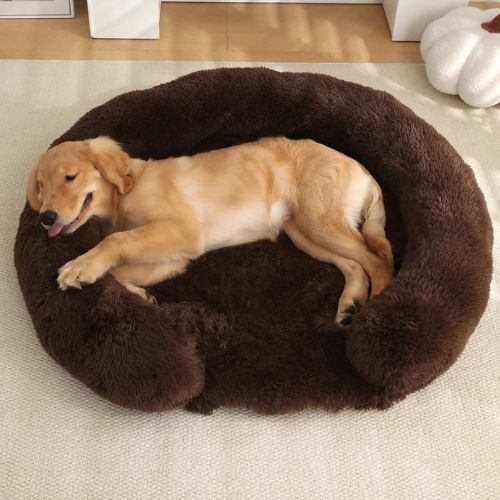 Labrador allongé paisiblement dans un coussin chien apaisant en fausse fourrure marron, placé dans un salon lumineux au décor soigné.