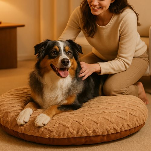 Chien heureux reposant sur un coussin chien marron effet tricot dans un intérieur chaleureux, caressé par sa propriétaire.