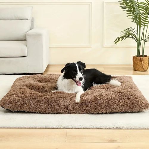 Coussin chien grand format en peluche marron, offrant un confort apaisant à votre compagnon. Parfait pour les grands chiens, ce couchage moelleux s’intègre harmonieusement à votre intérieur.