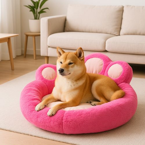 Coussin pour chien rose déhoussable en forme de patte, design chaleureux et pelucheux, parfaitement intégré dans un intérieur cosy.