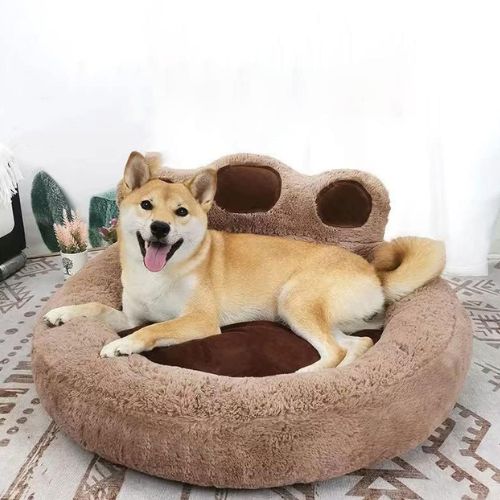 Chien détendu allongé dans un coussin pour chien déhoussable en forme de patte, ultra doux et réconfortant, modèle marron signé Pattechien.