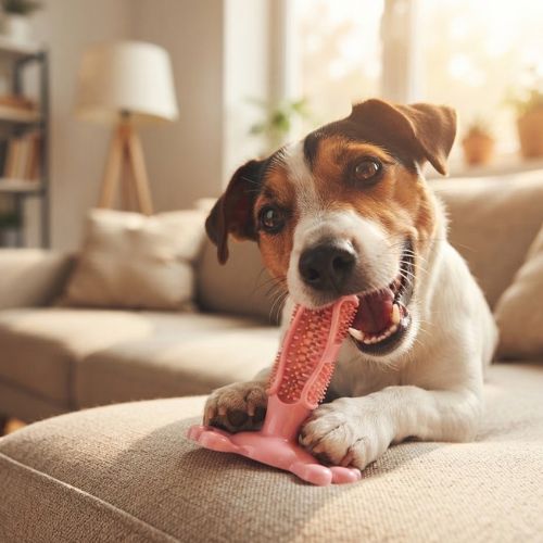 Jack Russell souriant qui mâchouille un jouet mastication chien ergonomique sur un canapé.