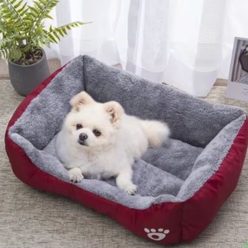Lit chien en tissu doux rouge avec un intérieur molletonné gris, conçu pour apaiser et améliorer le sommeil