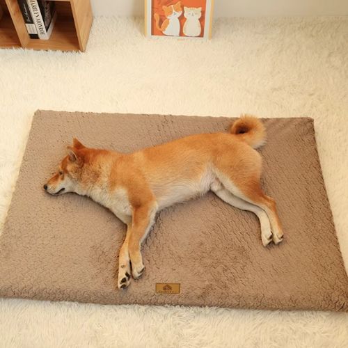 Un Shiba Inu dort paisiblement sur un Matelas pour chien en tissu marron texturé, confortable et lavable.