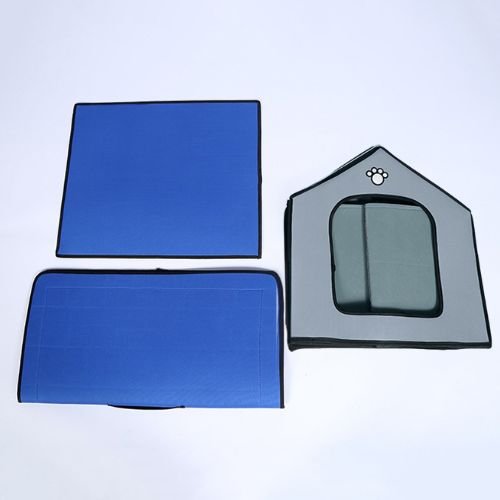 Éléments démontés d’une NICHE CHIEN EXTÉRIEUR pliable avec structure légère et coussins, facile à transporter et à ranger