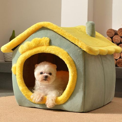 Petit chien allongé confortablement dans une niche d'intérieur pour chien vert, élégance et douillette installé dans une pièce lumineuse.