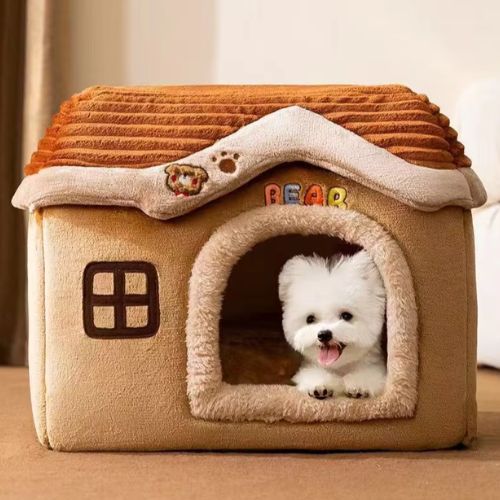 niche pour chien yorkshire blanc apaiser couleur marron avec des motifs et un toit en velours