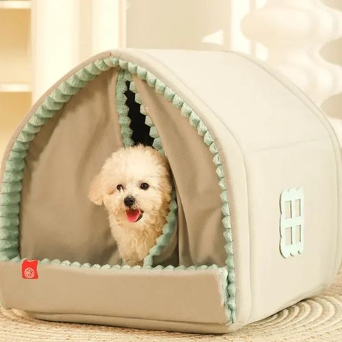 Petit chien blanc heureux installé dans une niche pour chien douce et élégante avec rideau coupe-vent, idéale pour offrir confort et chaleur à l’intérieur de la maison