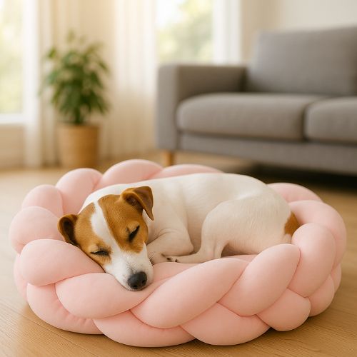 Un jack Rusell terrier détendu dans un panier à chien doux et enveloppant couleur rose