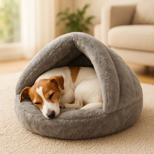 Petit chien allongé paisiblement dans un panier chien rembourré gris, installé dans un salon chaleureux