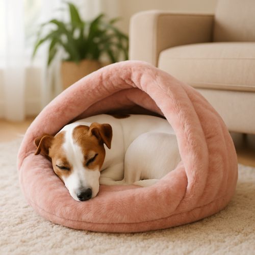 Petit chien Jack Russell terrier allongé en boule dans un panier chien rembourré rose, installé dans un salon chaleureux