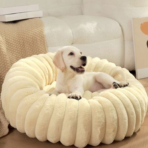 Panier chien apaisant jaune avec rebords rembourrés, parfait pour un sommeil profond et anti-stress.