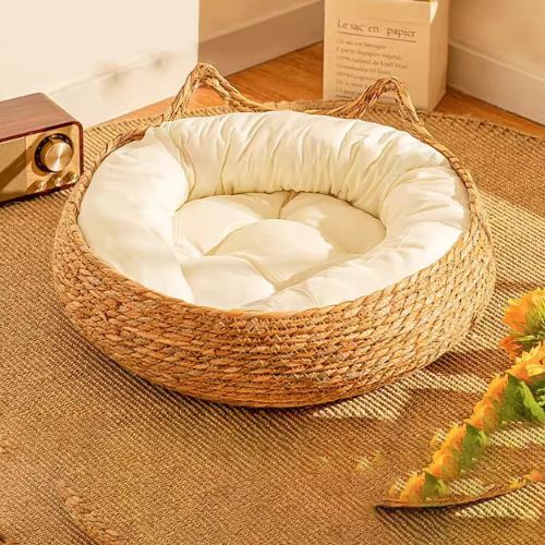 Panier chien osier confortable adapté aux chats et chiens, avec coussin blanc épais
