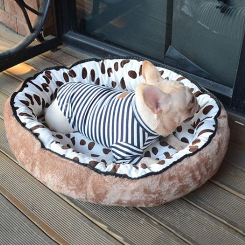 Chien couché dans un panier rond double face motif pois, couchage moelleux et confortable pour petit chien