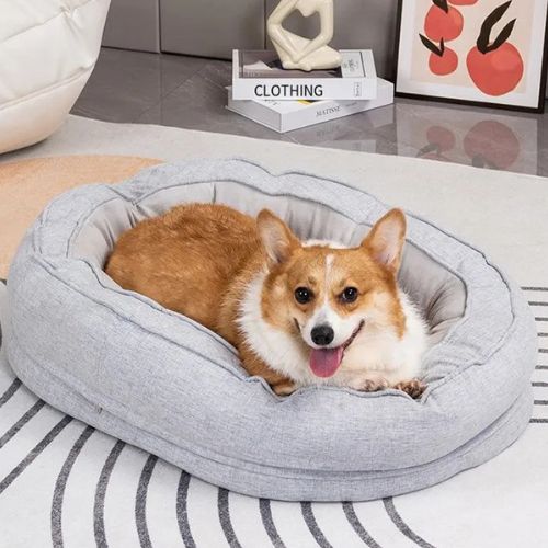 Chien Corgi détendu dans un panier orthopédique chien gris avec la mousse mémoire de forme, offrant confort et soutien articulaire.