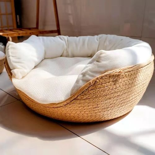 Panier osier chiens confortable adapté aux chats et chiens, avec coussin blanc épais