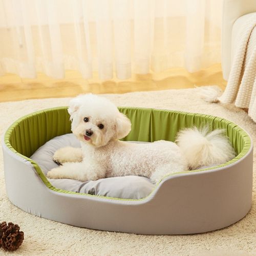 Petit chien blanc reposant dans un panier pour chien confortable vert, couchage anti-stress moelleux, parfait pour un sommeil réparateur et un intérieur élégant