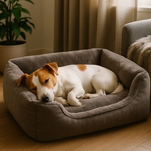 Chien blanc et marron endormi dans un panier pour chien gris en velours cÎtelé, confortable et moelleux, placé dans un salon chaleureux.