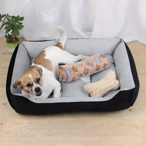Panier pour chien noir spacieux avec chien heureux dedans
