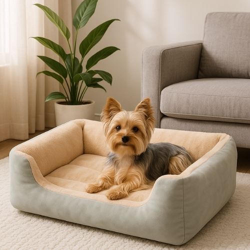 Petit chien Yorkshire assis dans un panier pour chien vert en velours, confortable et moelleux, placé dans un salon moderne avec canapé gris.
