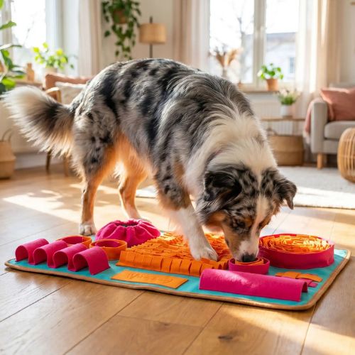 Un berger australien merle engagé avec un grand tapis de fouille chien coloré (rose, orange) posé sur un parquet en bois dans un salon lumineux, stimulant son flair pour trouver des friandises cachées.