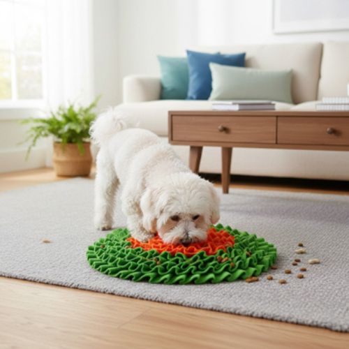 Petit chien blanc mangeant des croquettes éparpillées sur un tapis de fouille chien vert et orange, avec des croquettes visibles autour sur le sol d'un salon