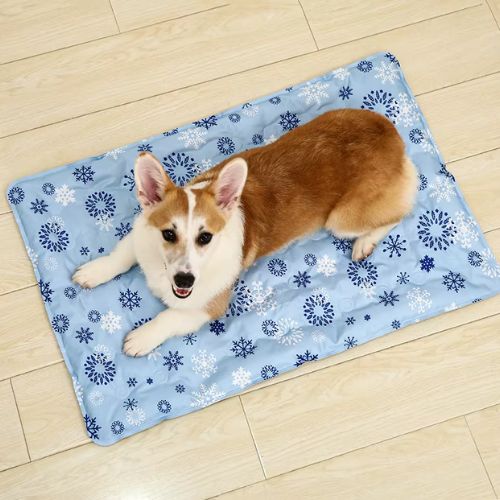 Chien corgi allongé sur un tapis pour chien rafraichissant bleu décoré de flocons