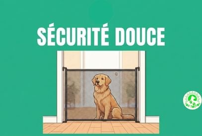 Bannière Tontoutou : un Golden Retriever assis calmement derrière une barrière de sécurité pour chien dans une maison.