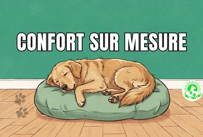 Illustration Tontoutou : chien allongé détendu sur un coussin pour chien vert sauge