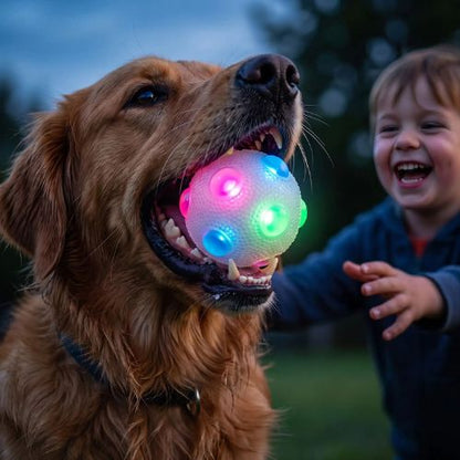 chien jouant avec un enfant en extérieur avec la balle lumineuse pour chien blanche interactive