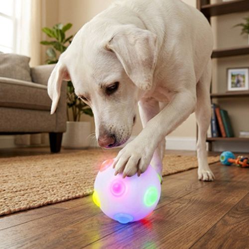 grand chien blanc jouant avec une balle lumineuse pour chien multicolore à LED