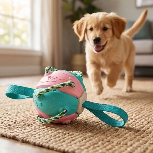 Une balle pour chien interactive posée au premier plan pendant qu'un chiot court joyeusement à l'intérieur.