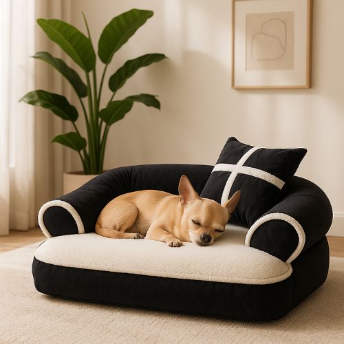Un Chihuahua dort paisiblement sur un canapé pour chien confortable couleur noir, posé d'un salon lumineux.
