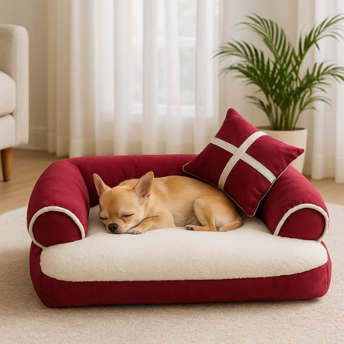 Canapé pour chien original couleur rouge, dessus un Chihuahua allongé tranquillement, posé d'un salon lumineux.