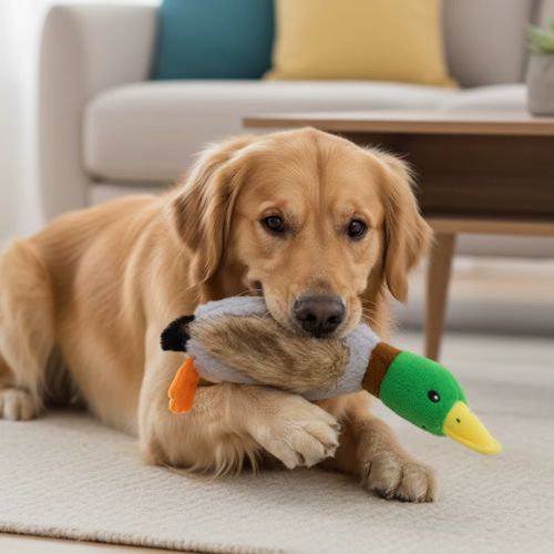 Golden Retriever jouant avec le doudou pour chien en forme de canard doux et interactif de Tontoutou