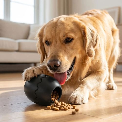 Jouet chien anti stress noir avec distributeur de friandises pour réduire l'ennui et favoriser l'activité mentale.