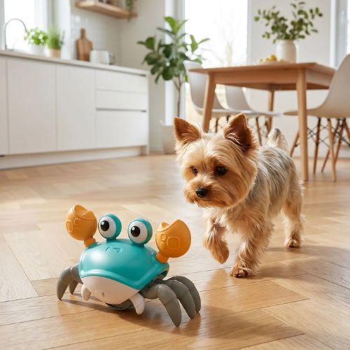 Un Yorkshire découvre un jouet chien en forme de crabe bleu aux pinces jaune sur son parquet.
