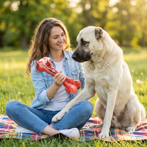 Femme souriante offrant un jouet chien os rouge en caoutchouc à grand chien Kangal dans parc ensoleillé