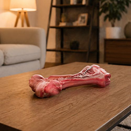 Jouet chien en forme d'os rouge posé sur table basse en bois dans salon moderne - accessoire ludique pour animal de compagnie.