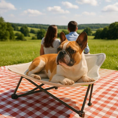 Un bouledogue français installé confortablement sur un lit de camp pour chien léger résistant couleur blanc à l'extérieur.