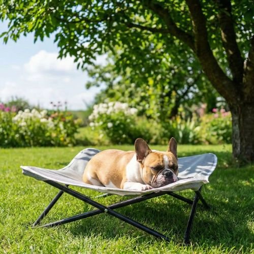 Un bouledogue français installé confortablement sur un lit de camp pour chien léger résistant couleur blanc à l'extérieur.